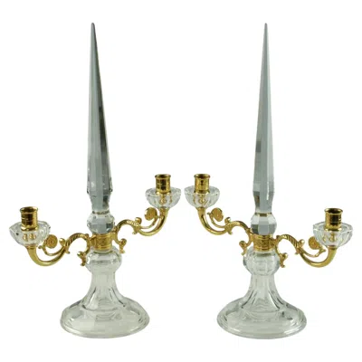 Pre-owned Baccarat Pair Of French Crystal And Bronze Doré Two-light Candelabra In Gold