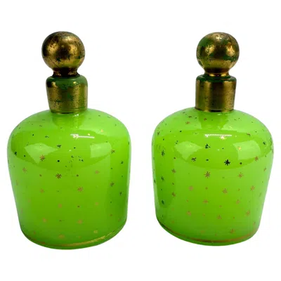 Pre-owned Baccarat Pair Of French Green Opaline Perfume Bottles With Gilt Star Decoration