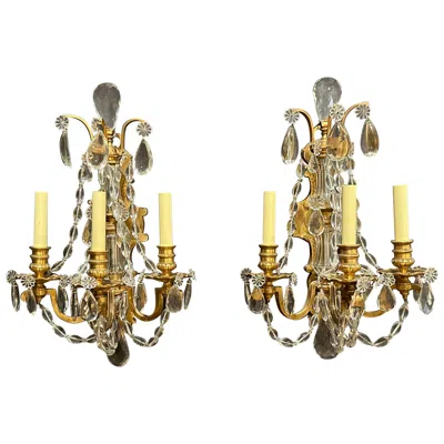 Pre-owned Baccarat Pair Of Gilt Bronze And Crystal Louis Xvi Style Sconces In Brown