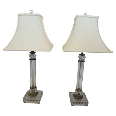 Pre-owned Baccarat Pair Of Handblown  Columnar Lamps With Bronze Mounts In Gold