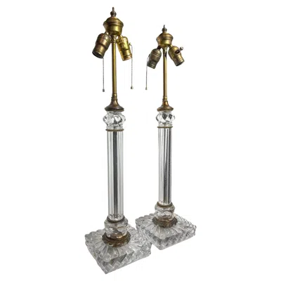 Pre-owned Baccarat Pair Of Large  Crystal Convex Fluted Lamps In Transparent
