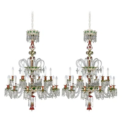Pre-owned Baccarat Pair Of Large French Antique Overlay Glass Chandeliers By  In Transparent