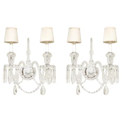 Pre-owned Baccarat Pair Of Neoclassical Two-arm Crystal Sconces W/ White Shades Manner Of