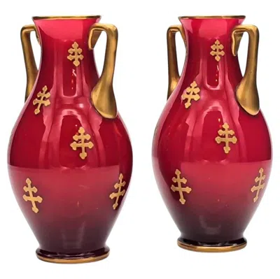 Pre-owned Baccarat , Pair Of Red Baluster Vases, Golden Decor, 1880