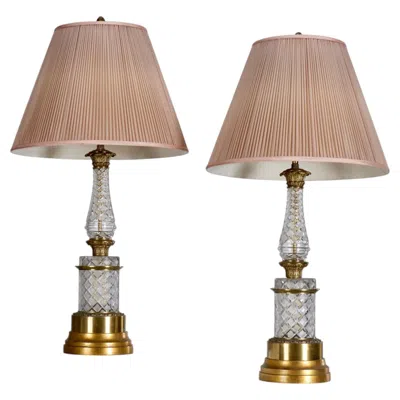Pre-owned Baccarat Pair - Vintage  Style Cut Crystal & Gilt Bronze Table Lamps, Silk Shades In Gold
