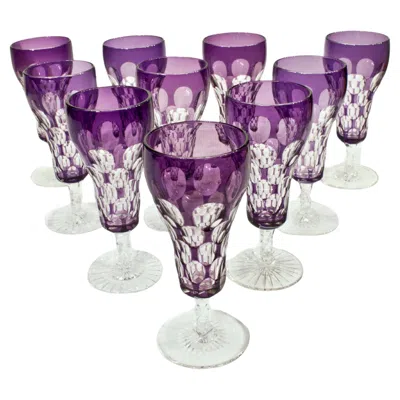 Pre-owned Baccarat Set Of 10 Hand Blown Crystal Champagne Flutes Amethyst Cut To Clear In Purple