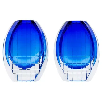 Pre-owned Baccarat Set Of 2  Geometric Vases Cobalt Blue Clear Crystal Glass, France