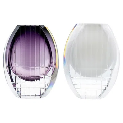 Pre-owned Baccarat Set Of 2  Geometric Vases Violet Clear Crystal Glass, France In Purple