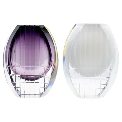 Pre-owned Baccarat Set Of 2  Geometric Vases Violet Clear Crystal Glass, France In Purple