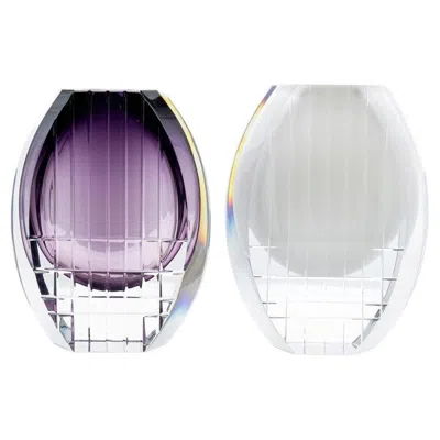 Pre-owned Baccarat Set Of 2  Geometric Vases Violet Clear Crystal Glass, France In Purple