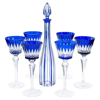 Pre-owned Baccarat Set Of 6 Deep Blue Overlay  Crystal Glasses And Decanter, 1940, France