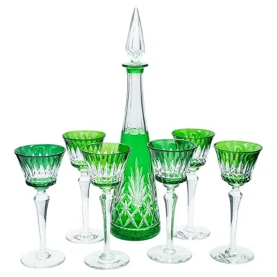 Pre-owned Baccarat Set Of 6 Green Overlay  Crystal Glasses, 1 Decanter, Saint Louis