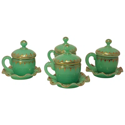 Pre-owned Baccarat Set Of Four  Chrysoprase 'uranium' Covered Cups On Stands In Gray