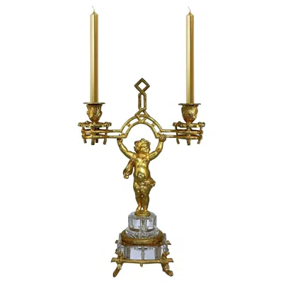 Pre-owned Baccarat Stunning , Fire-gilded Bronze Putto Candlestick, Napoleon Iii In Gold