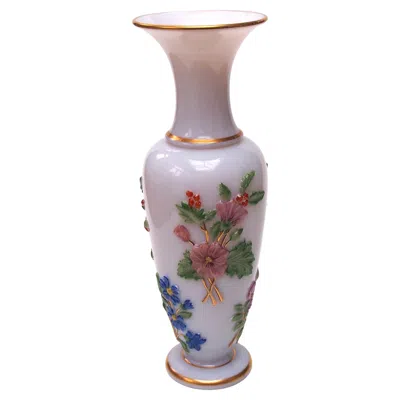 Pre-owned Baccarat Ultra Early  Crystal Opaline Polychrome Floral Vase C1855 In Gray