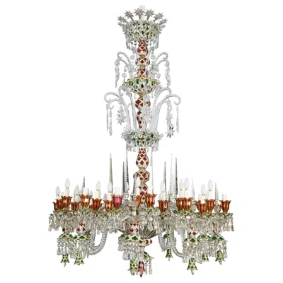 Pre-owned Baccarat Very Large Antique French Overlay Glass White Gold Green Red Chandelier