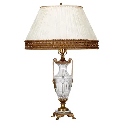 Pre-owned Baccarat Vintage  Style Cut Crystal & Gilt Bronze Urn Table Lamp, Fringed Shade In Gold