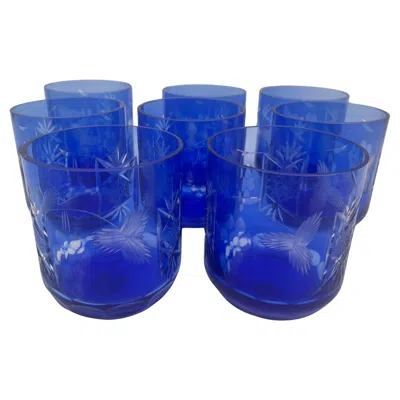 Pre-owned Baccarat Whiskey Glasses  Style Sapphire Blue Cut Crystal Set Of 8