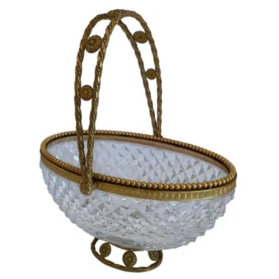 Pre-owned Baccarat Wonderful  French Dore Bronze Cut Crystal Oval Basket Centerpiece Bowl In Gold