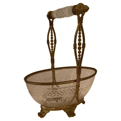 Pre-owned Baccarat Wonderful French  Dore Bronze Cut Crystal Oval Basket Centerpiece Bowl In Gold