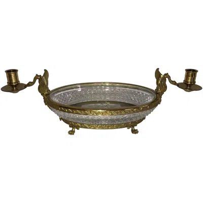 Pre-owned Baccarat Wonderful French Bronze Diamond Cut Crystal Oval Centerpiece Swan Ormolu Handles In Gold