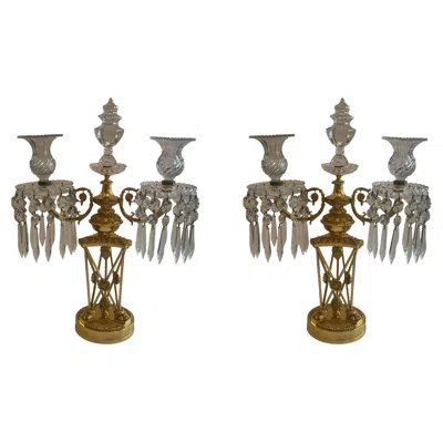 Pre-owned Baccarat Wonderful Pair Empire Neoclassical Dore Bronze Crystal  Candelabras In Gold