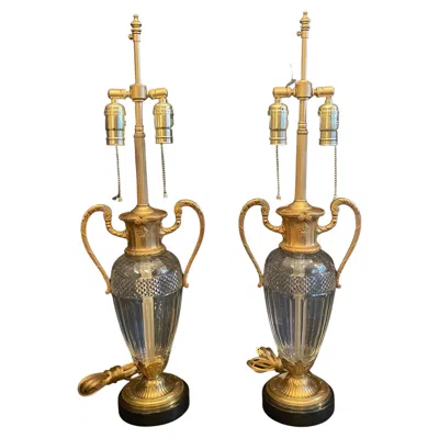 Pre-owned Baccarat Wonderful Pair French Gilt Dore Bronze Cut Crystal Urn Form Ormolu-mounted Lamps In Gold