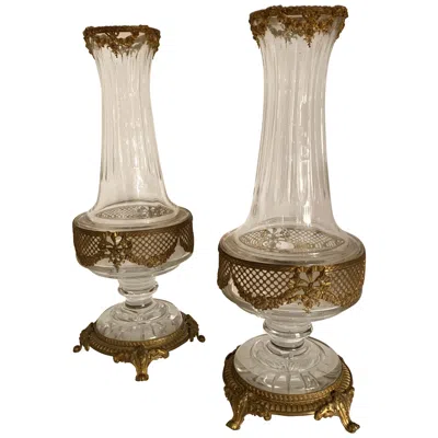 Pre-owned Baccarat Wonderful Pair Of French Ormolu Pierced Bronze Crystal Glass Neoclassical Vases In Gold