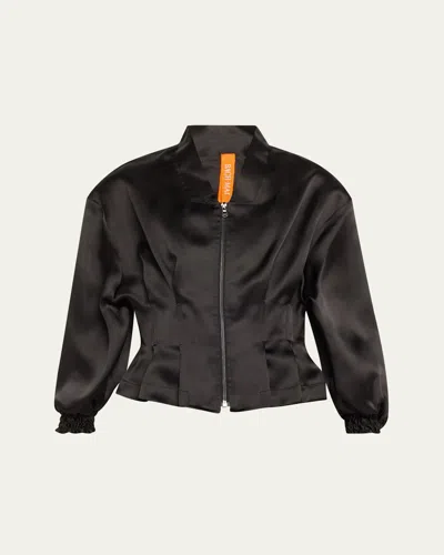 BACH MAI NIPPED-WAIST PEPLUM SILK BOMBER JACKET