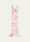 BACH MAI PINTUCKED FLORAL PRINT BUSTIER GOWN WITH BOW DETAILS