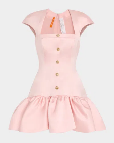 Bach Mai Square-neck Cap-sleeve Volant Ruffle Mini Dress In Ice Pink Satin