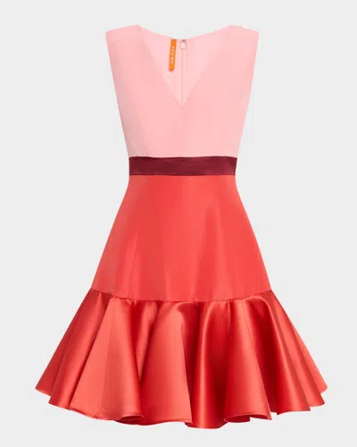 Bach Mai V-neck Colorblock Flounce Mini Dress In Pink And Cayenne