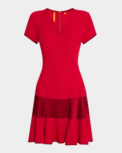 Bach Mai V Neck Short Sleeve Flounce Dress In Red Cady Bordeaux Cady