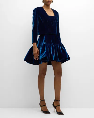 Bach Mai Volant Strapless Velvet Mini Dress In French Blue Velvet