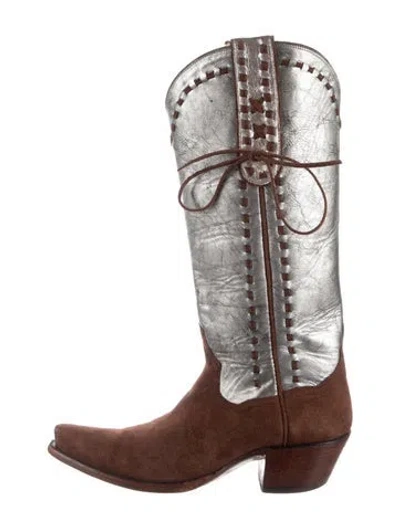 Pre-owned Back At The Ranch Suede Colorblock Pattern Western Boots In Brown