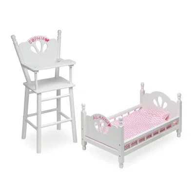 Badger Basket English Country Doll High Chair And Bed Set With Chevron Bedding - White/pink
