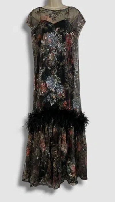 Pre-owned Badgley Mischka $1540  Women's Black Feather Floral Embroidered Gown Dress Size 0