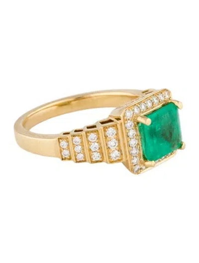 Pre-owned Badgley Mischka 18k Emerald & Diamond Cocktail Ring In Multi