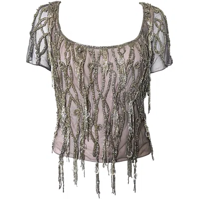 Pre-owned Badgley Mischka 1990s  Couture Size 6 8 Lilac Grey Beaded Fringe Crystal 90s Top In Gray