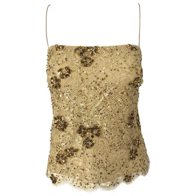 Pre-owned Badgley Mischka 1990s  Size 10 / 12 Gold Lace Sequins And Beads Vintage 90s Top In Brown