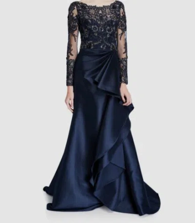 Pre-owned Badgley Mischka $2785  Women's Blue Long-sleeve Lace Illusion Gown Dress Size 0