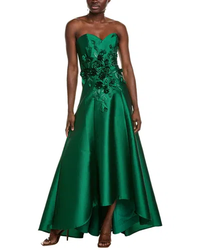 Badgley Mischka 3d Applique Gazar Gown In Green