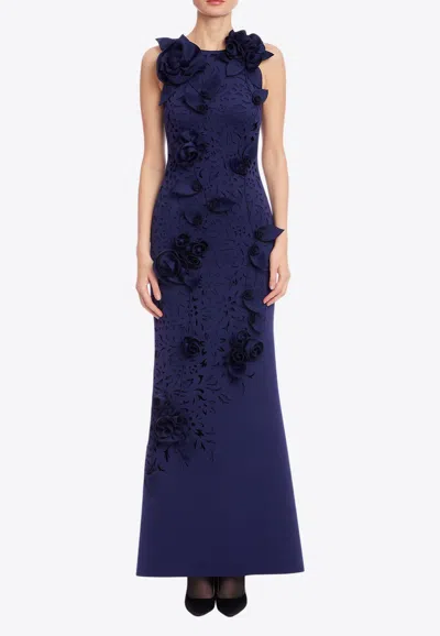 Badgley Mischka 3d Floral Appliqué Trumpet Dress In Blue