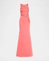 Badgley Mischka 3d Floral Scuba Gown In Coral
