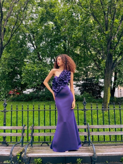 Pre-owned Badgley Mischka 3d Flower One Shoulder Mermaid Gown Sz 12 Purple Prom $990