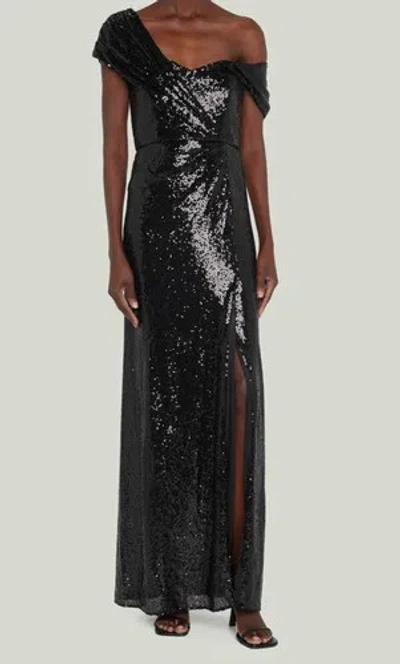 Pre-owned Badgley Mischka $850  Women's Black Off Shoulder Sequin Column Gown Dress Size 8