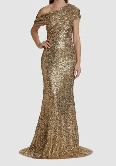 Pre-owned Badgley Mischka $890  Womens Gold Asymmetric Draped Sequin Gown Dress Size 8