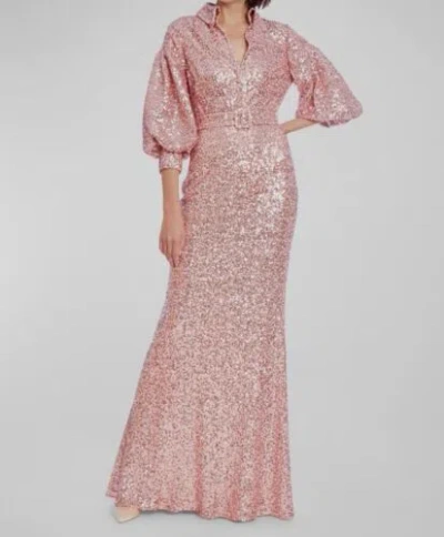 Pre-owned Badgley Mischka $891  Women's Pink Belted Bishop-sleeve Sequin Gown Dress Size 4
