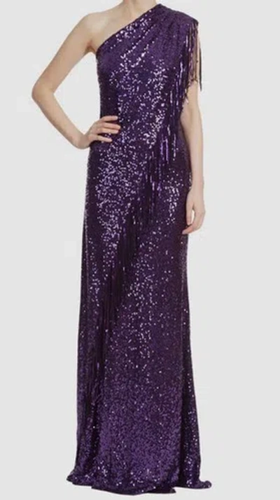 Pre-owned Badgley Mischka $990  Womens Purple Sequin One-shoulder Fringed Gown Dress Size 0