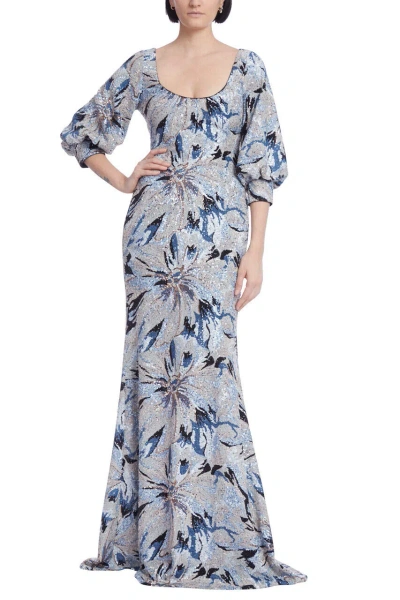 Pre-owned Badgley Mischka $990 Floral Sequin Gown Modest Sz 4,8,12 Balloon Sleeves In Blue